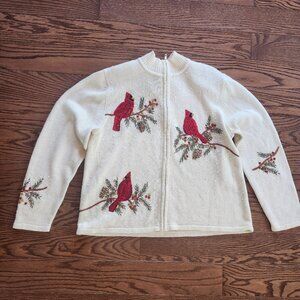 Tiara International Christmas Cardinal Pearls Embroidered Cardigan Women Sweater